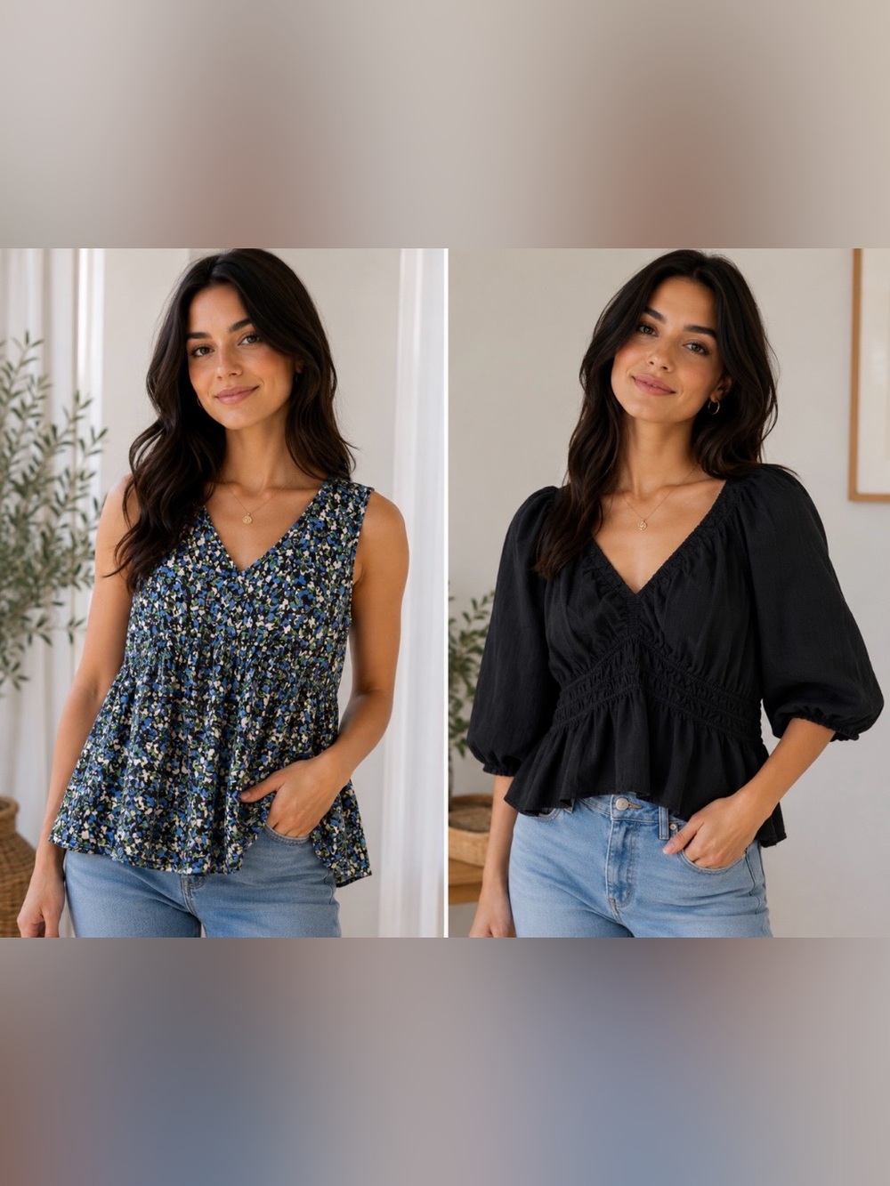 (2) TOPS, Floral Peplum Top , & Black Top, L, COTTON PTP 23, NWOT